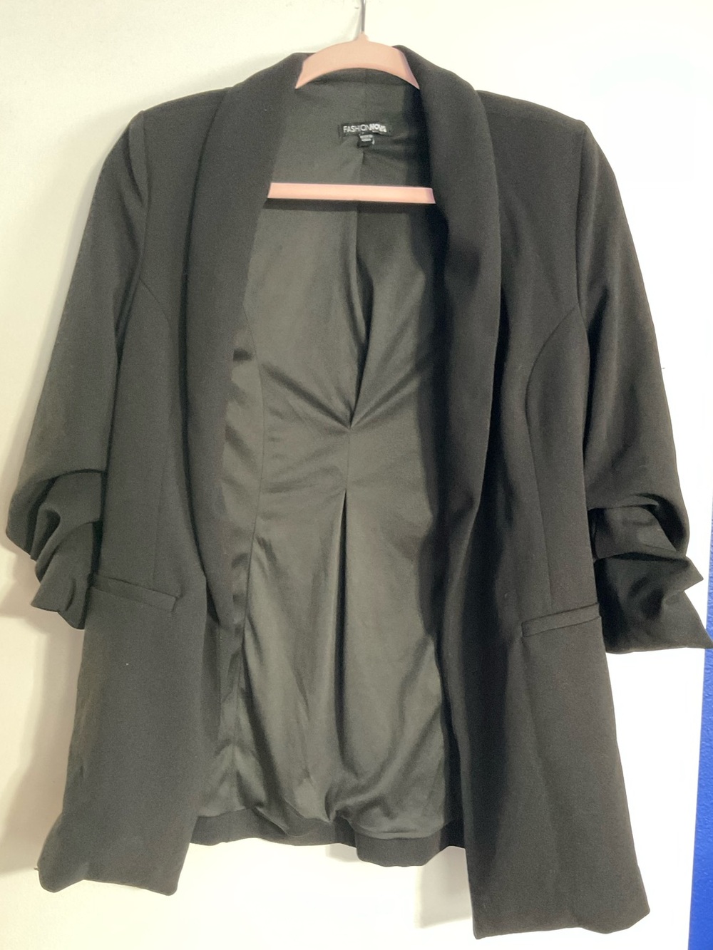 Fashion Nova Black Ruched-Sleeve Open Blazer